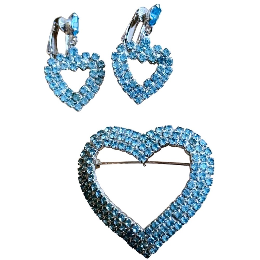 VTG Heart Blue matching Set Brooch pin/pendant Earrings rhinestone retro 60s